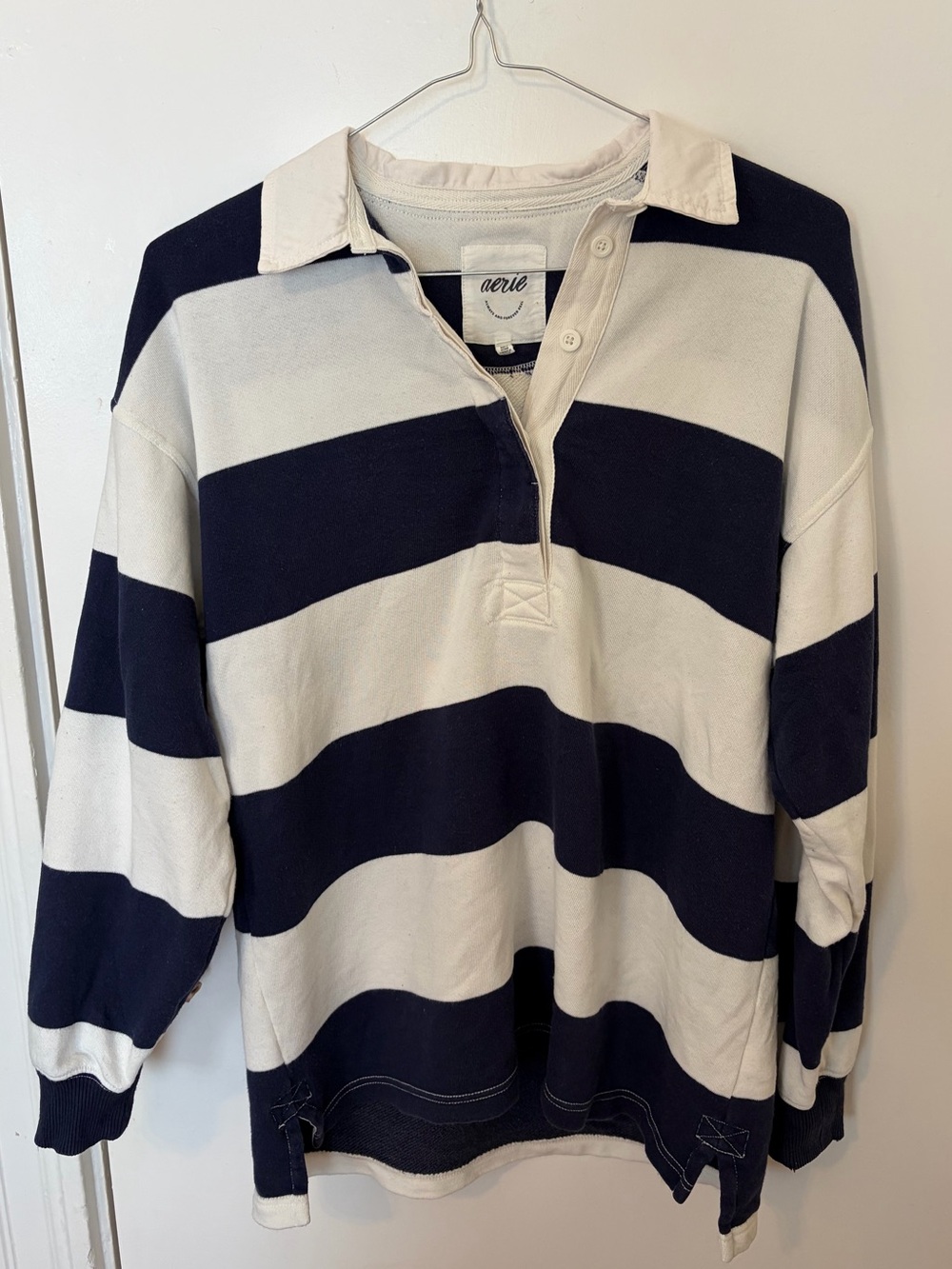 Aerie Prep Rally Rugby Sweatshirt Lightweight French Terry Navy/White Size XS